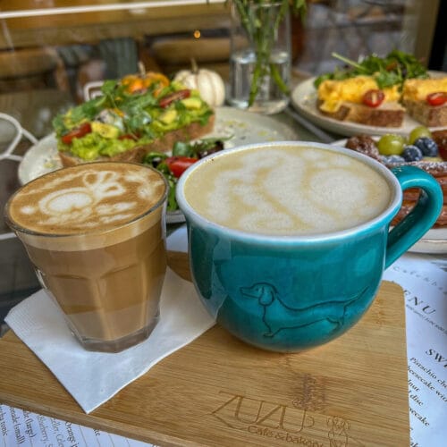 Két latte gyönyörű latte arttal, türkiz és fehér csészében